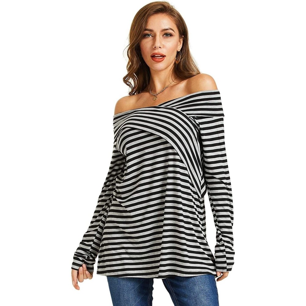 Sonja Betro Gray & Black Stripe Knit Off-Shoulder Tunic Top,Size M-NWT